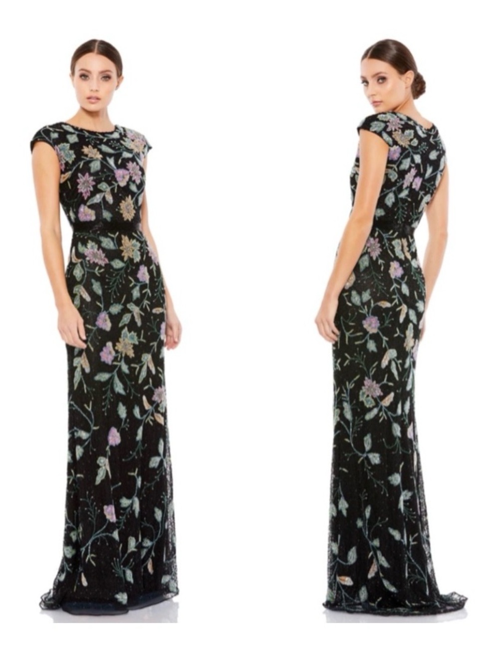 Mac Duggal Floral Beaded Cap Sleeve Sequin Maxi Gown (Style: 5229) Size 14